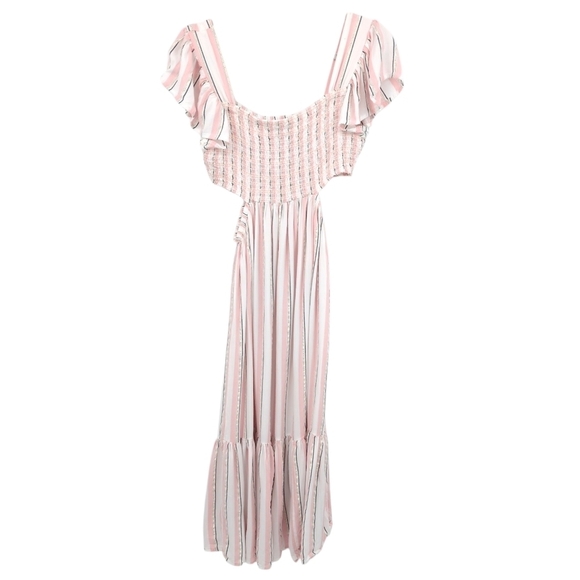 Blue Island Large Cutout Maxi Dress Striped Smocked Flutter Sleeve Pink White - Picture 4 of 9